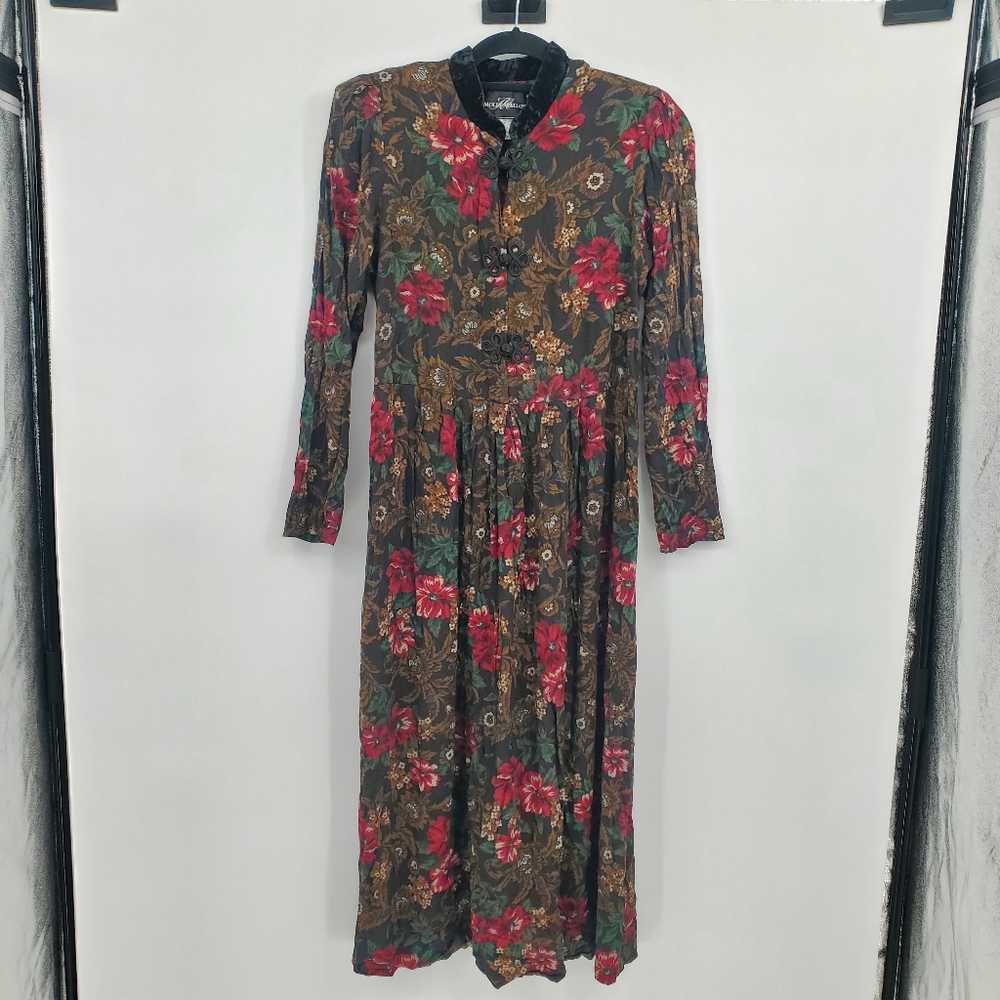 ◇◇ Molly Malloy Vintage Floral Button Up Long-sleeved Dress Size 10 Black Green